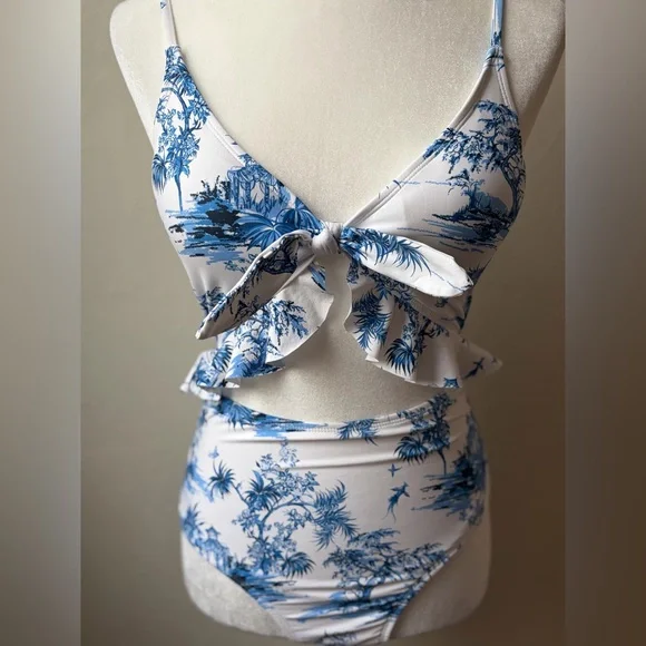 Lands’ End Blue White Toile Cutout One Piece Swimsuit Tie Front XS 2-4 - Picture 4 of 10